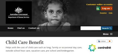 Tampilan muka website Department of Human Service tantang Child Care Benefit